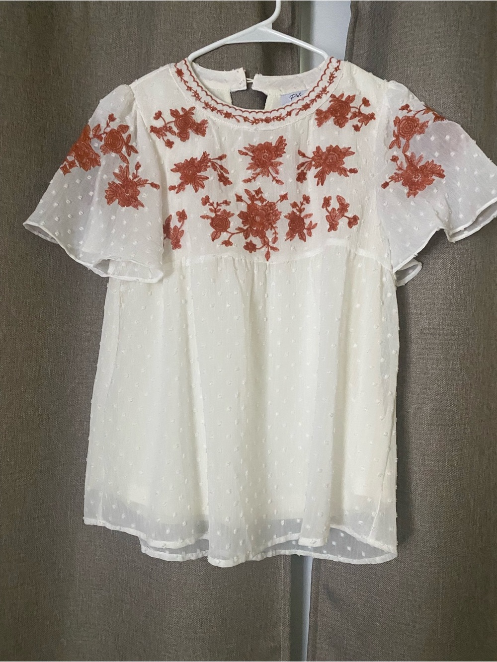Polagram Ivory Swiss Dot Blouse with Rust Floral Embroidery